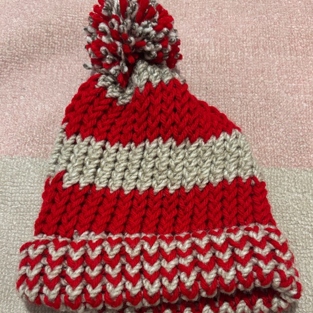Red and Cream Knitted Pom-Pom Beanie